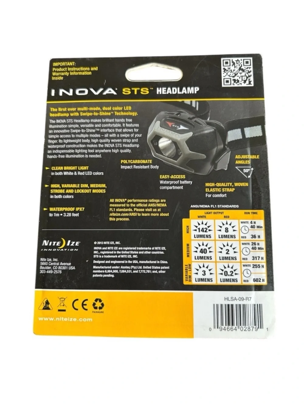 NEW INOVA STS Headlamp Charcoal HLSA 09-R7 sealed Max Output 142 Lumens 5 modes